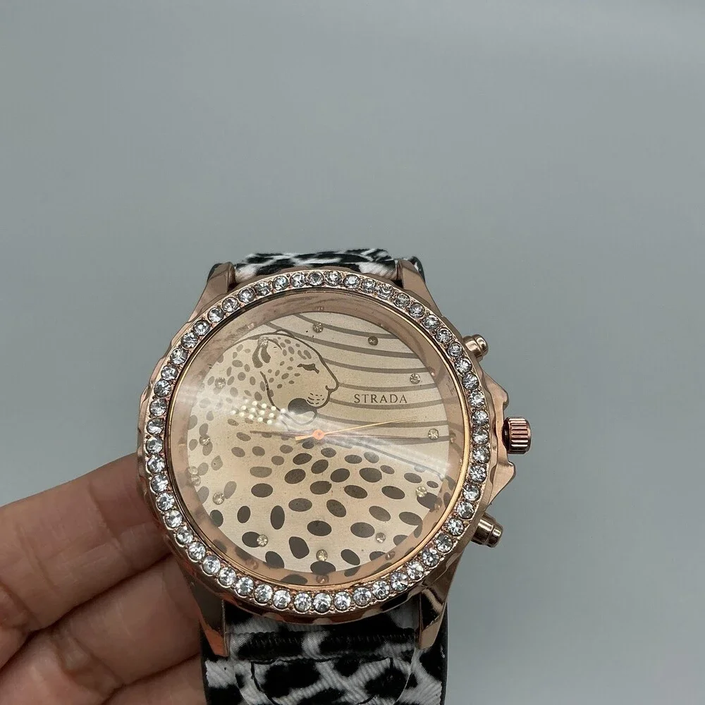 Strada Womens Watch 48mm Cheetah Dial Crystals Animal Print Band New Battery